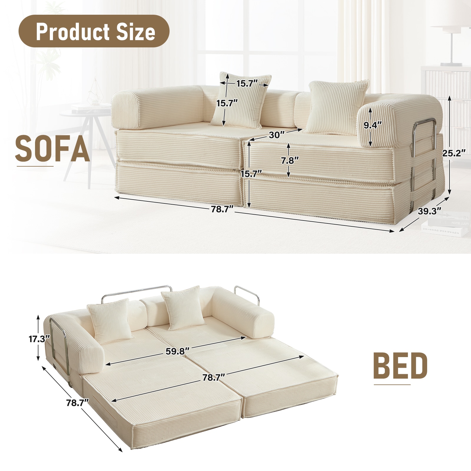 Convertible Sleeper Sofa Bed In Beige With Corduroy Fabric_voghion.com